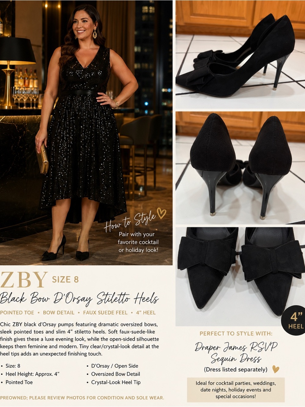 Classic Black Suede Pointed-Toe Heels with Decorative Bow